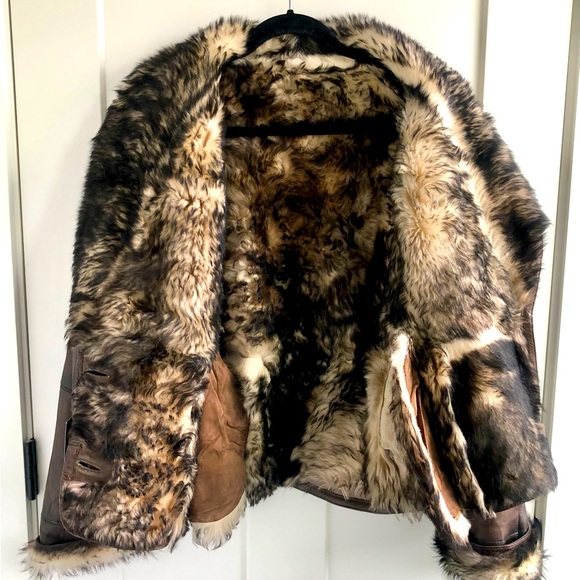 New Vintage European 90s Y2K brown leather shearling crop short jacket S Small - Picture 7 of 11